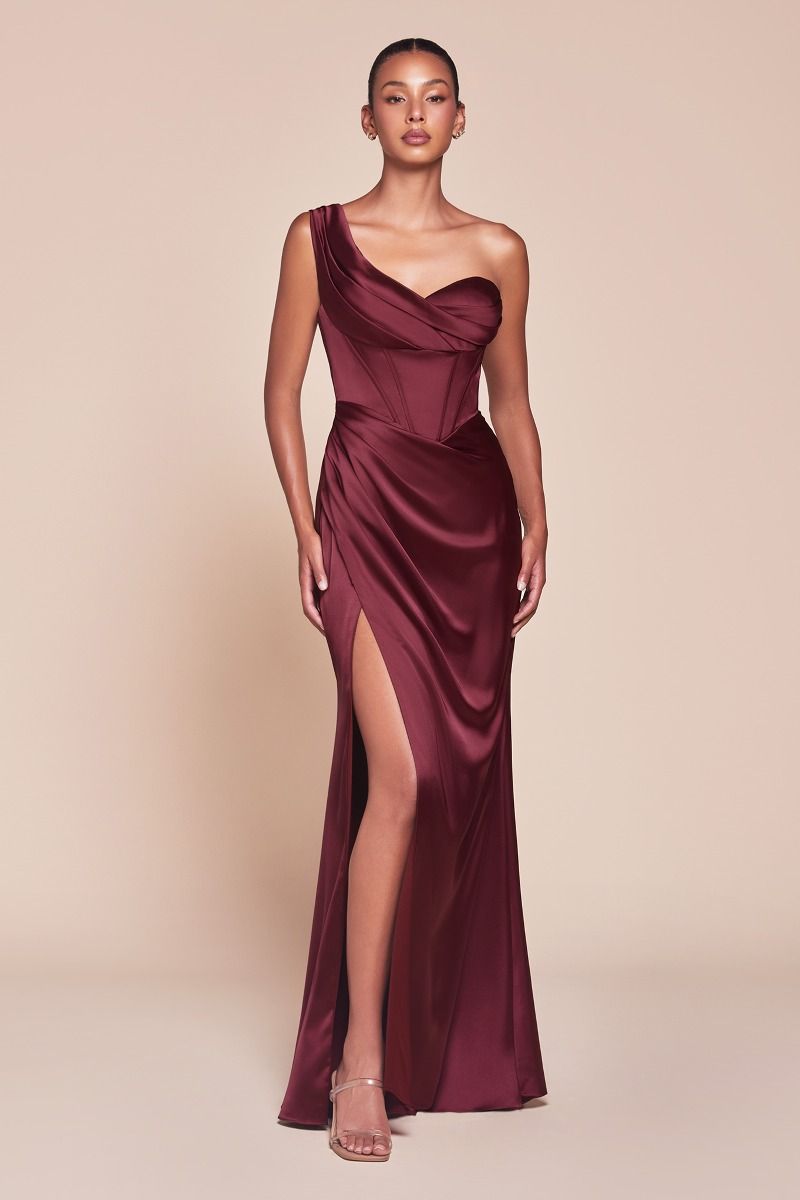 Cinderella Divine -7448 01 One Shoulder Corset Satin Sheath Dress