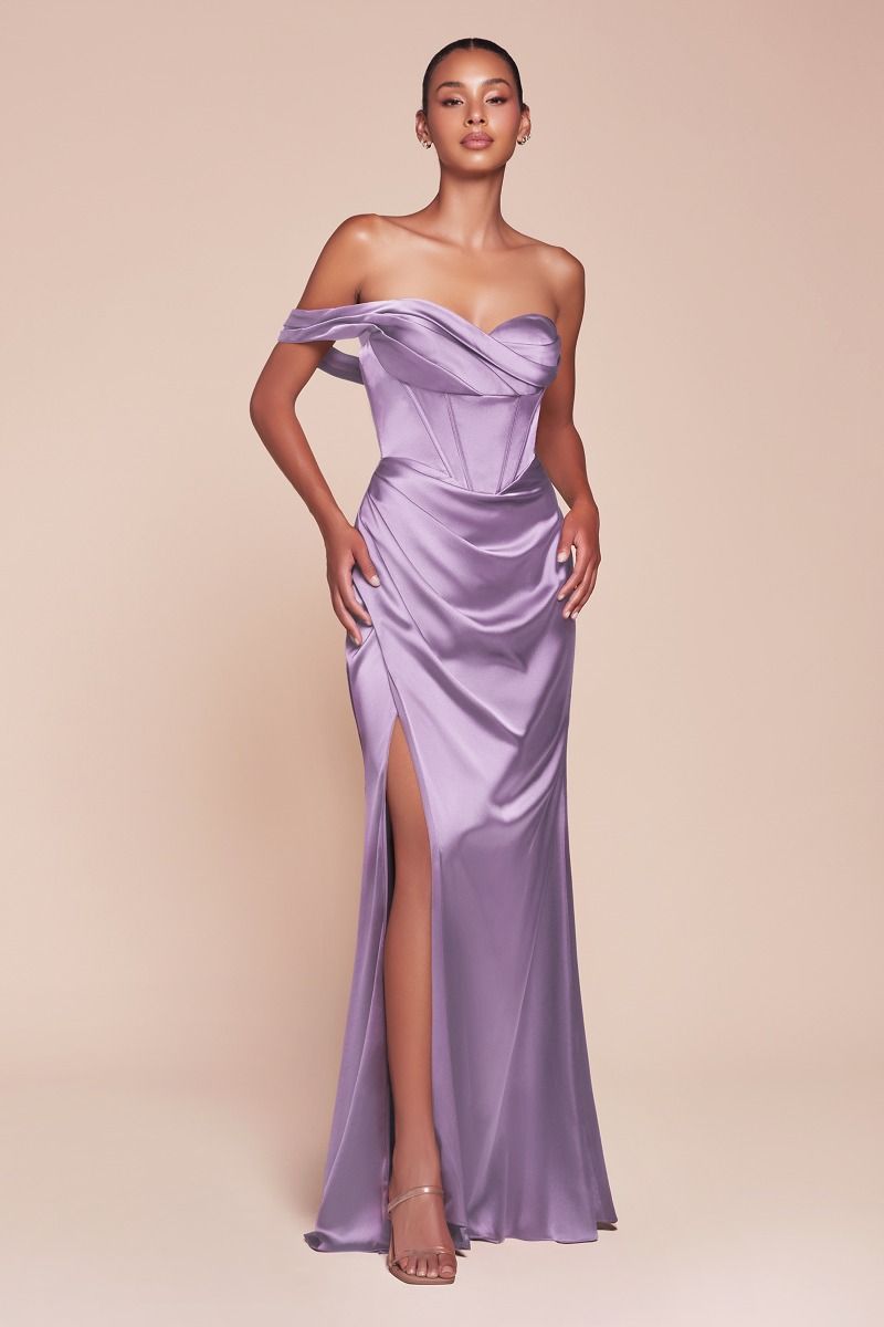 Cinderella Divine -7448 One Shoulder Corset Satin Sheath Dress