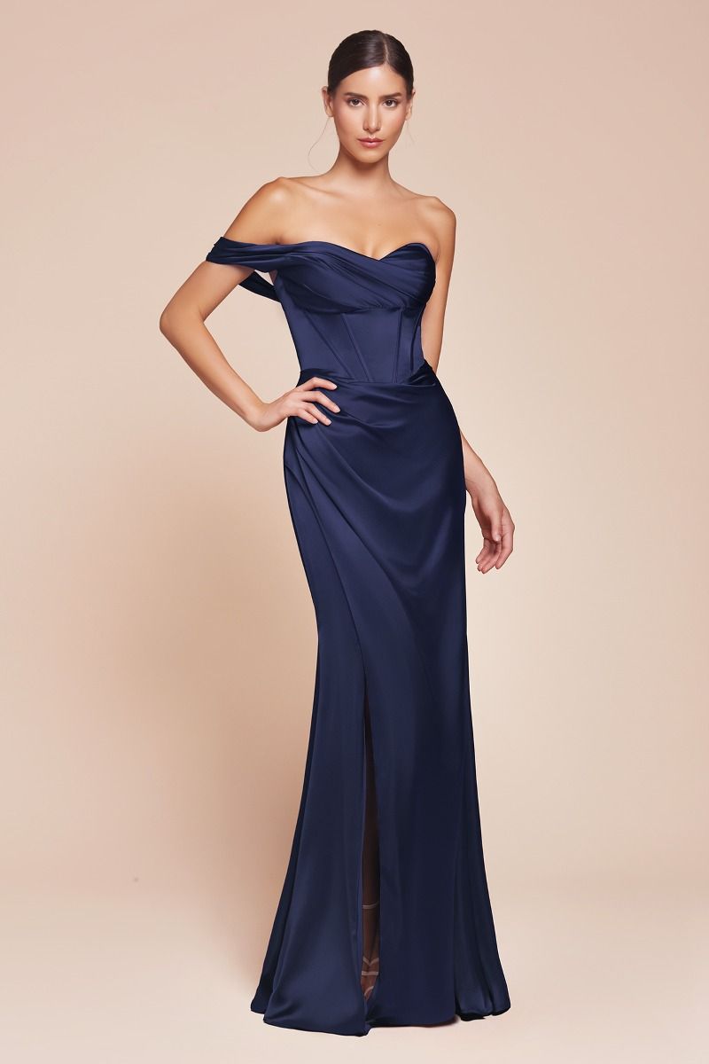 Cinderella Divine -7448 One Shoulder Corset Satin Sheath Dress