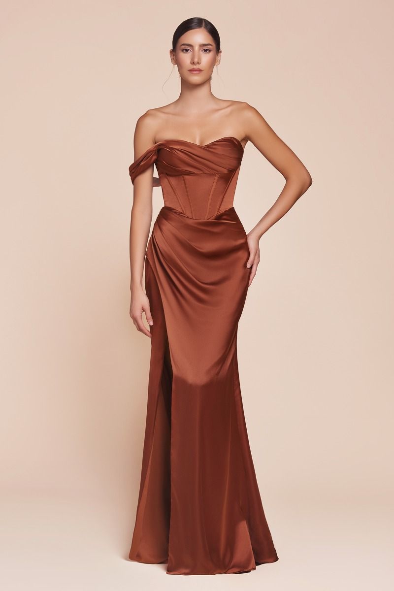 Cinderella Divine -7448 01 One Shoulder Corset Satin Sheath Dress