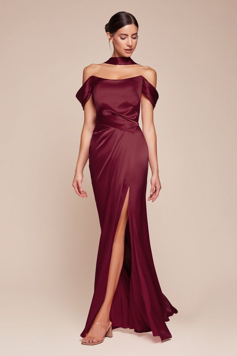 Cinderella Divine -7452 Off Shoulder Satin Sheath Dress