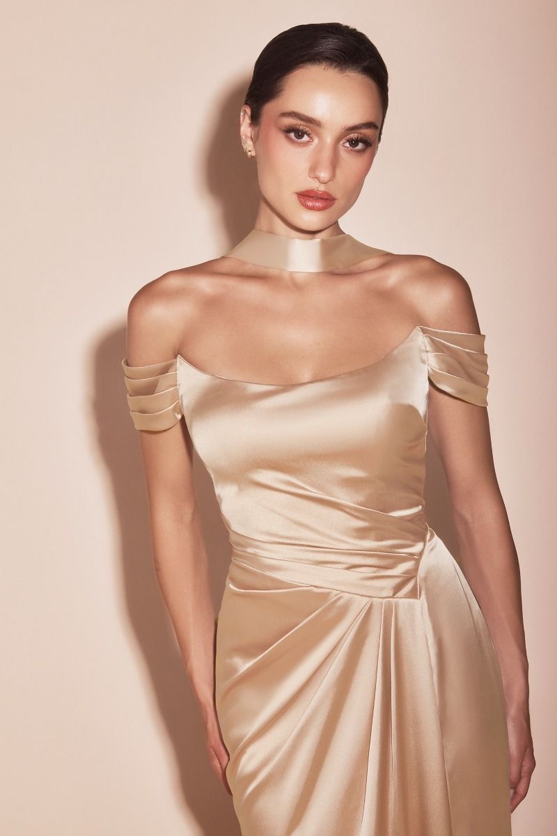 Cinderella Divine -7452 Off Shoulder Satin Sheath Dress