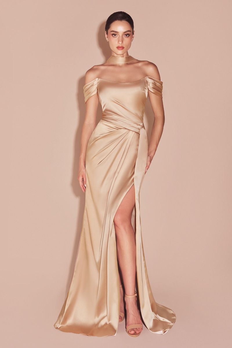 Cinderella Divine -7452 Off Shoulder Satin Sheath Dress