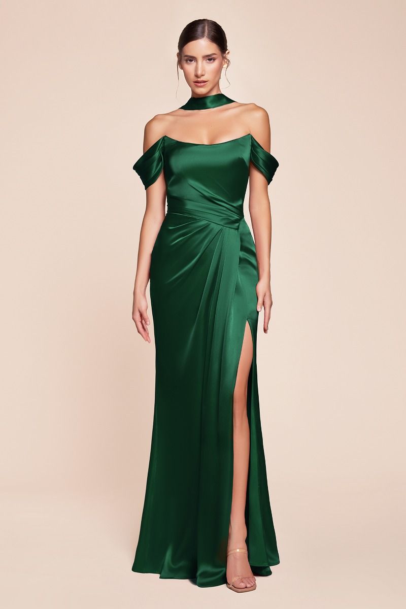 Cinderella Divine -7452 Off Shoulder Satin Sheath Dress