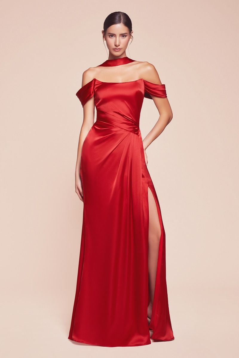 Cinderella Divine -7452 Off Shoulder Satin Sheath Dress