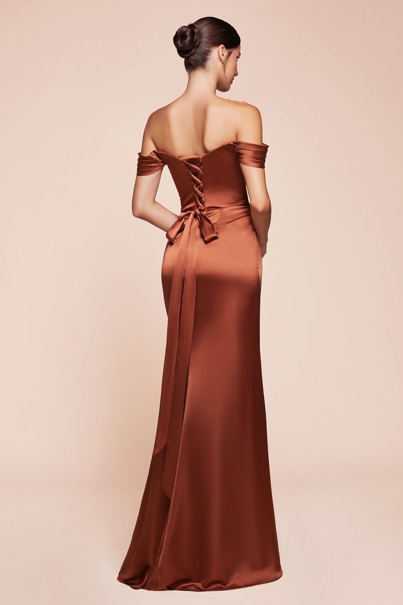 Cinderella Divine -7452 Off Shoulder Satin Sheath Dress