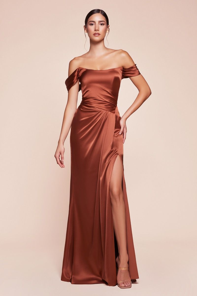 Cinderella Divine -7452 Off Shoulder Satin Sheath Dress