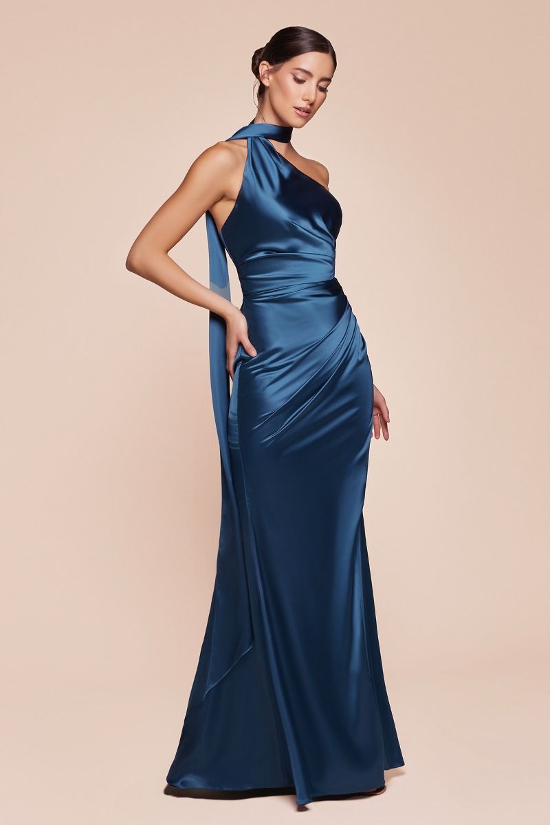 Cinderella Divine -7454 One Shoulder Satin Sheath Dress