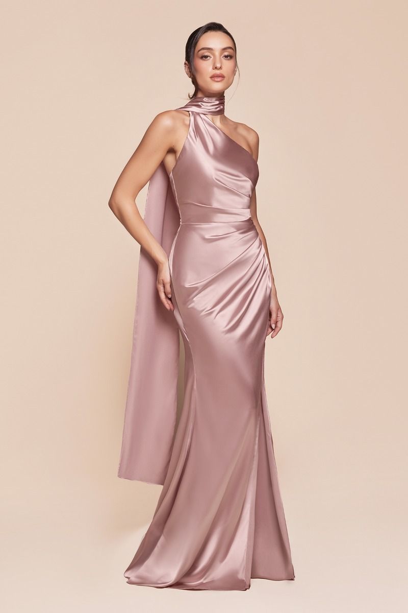 Cinderella Divine -7454 One Shoulder Satin Sheath Dress