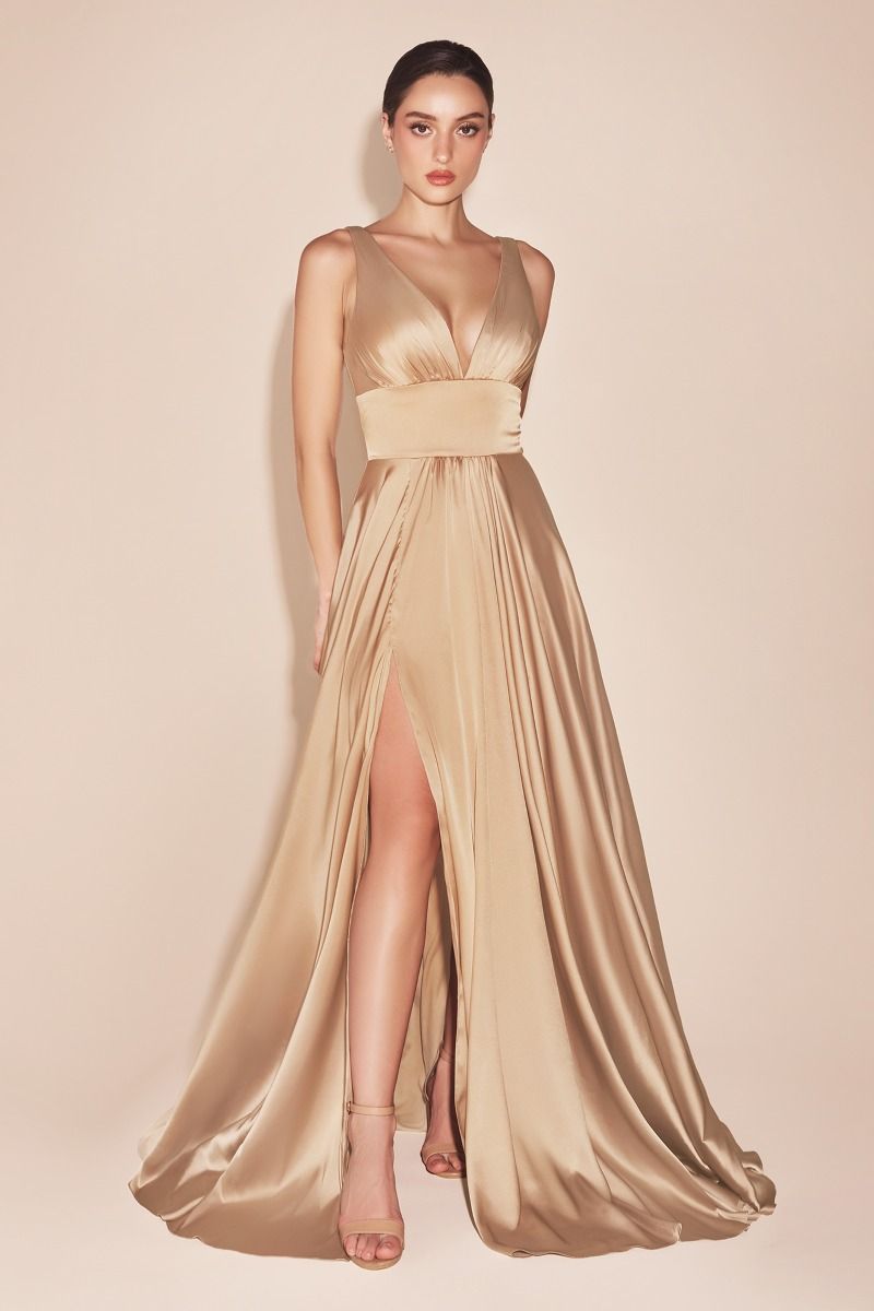 Satin Flowy A-Line Dress With Leg Slit, Open Back And V-Neckline_02 by Cinderella Divine -7469