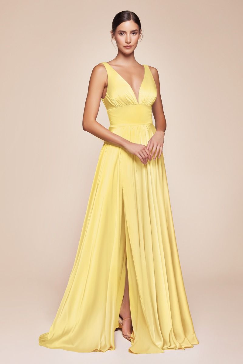 Satin Flowy A-Line Dress With Leg Slit, Open Back And V-Neckline_03 by Cinderella Divine -7469