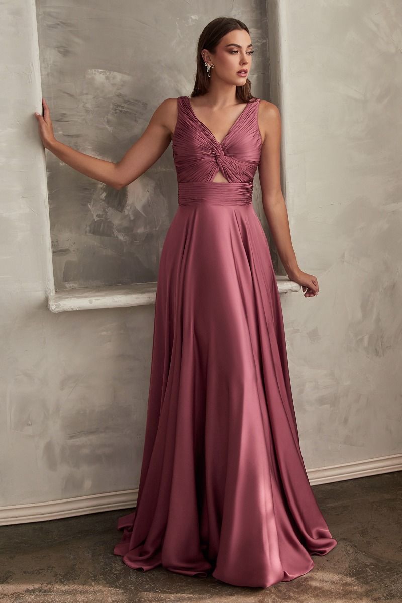 Cinderella Divine –7497 V-Neck Satin A-Line Dress