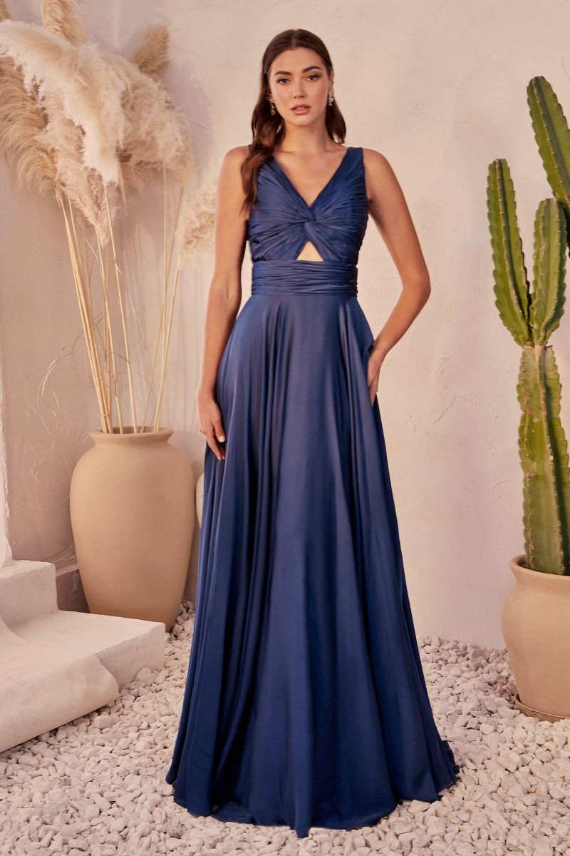 Cinderella Divine –7497 V-Neck Satin A-Line Dress