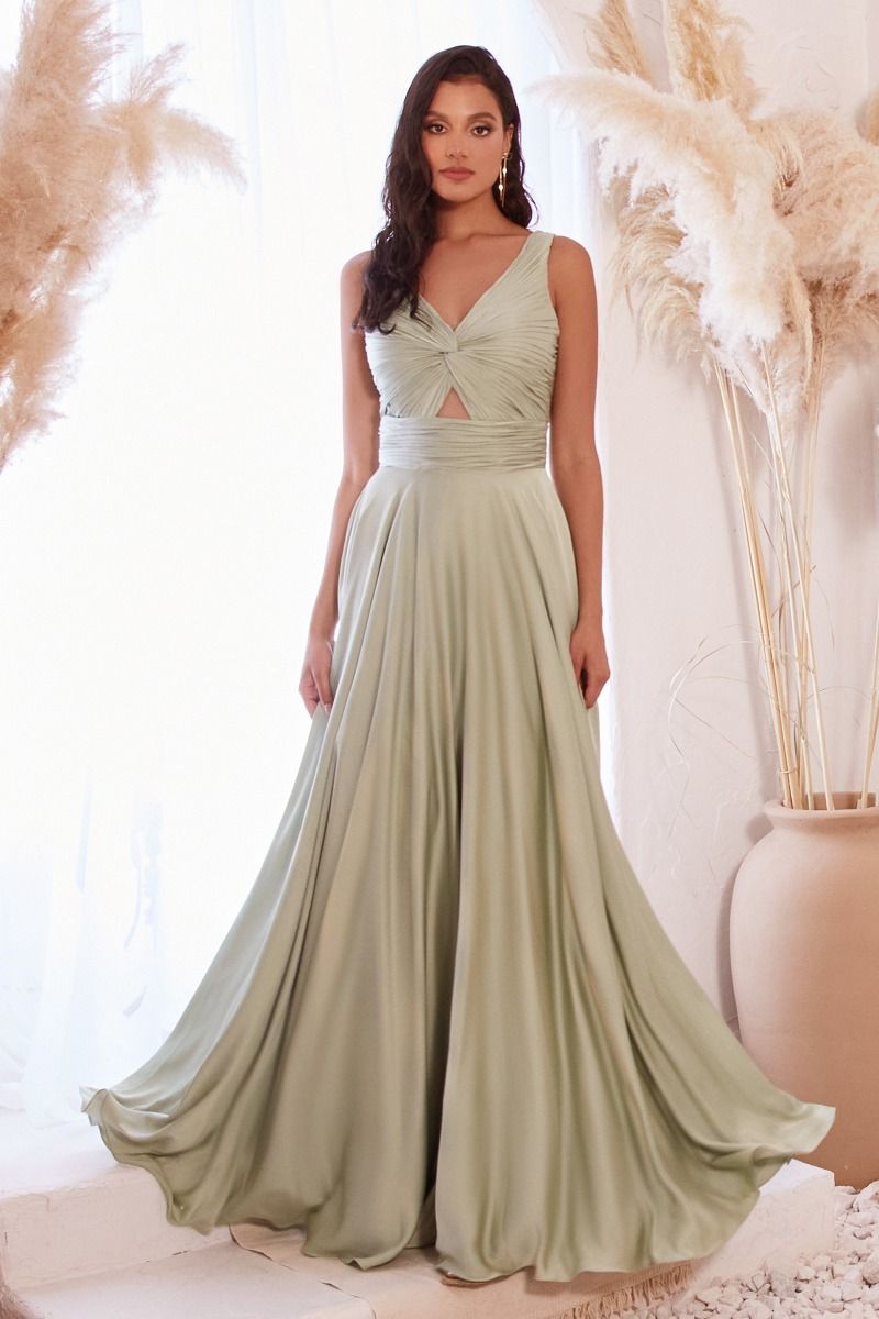 Cinderella Divine –7497 V-Neck Satin A-Line Dress