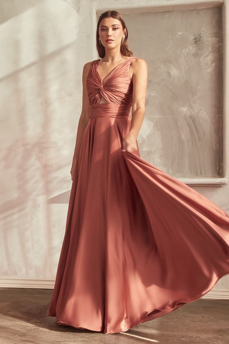 Cinderella Divine –7497 V-Neck Satin A-Line Dress