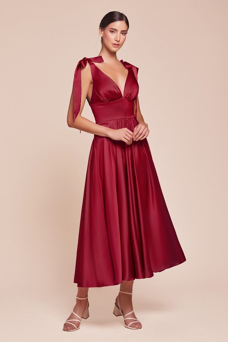 Cinderella Divine -7499 V-Neck Satin Tea Length A-Line Dress