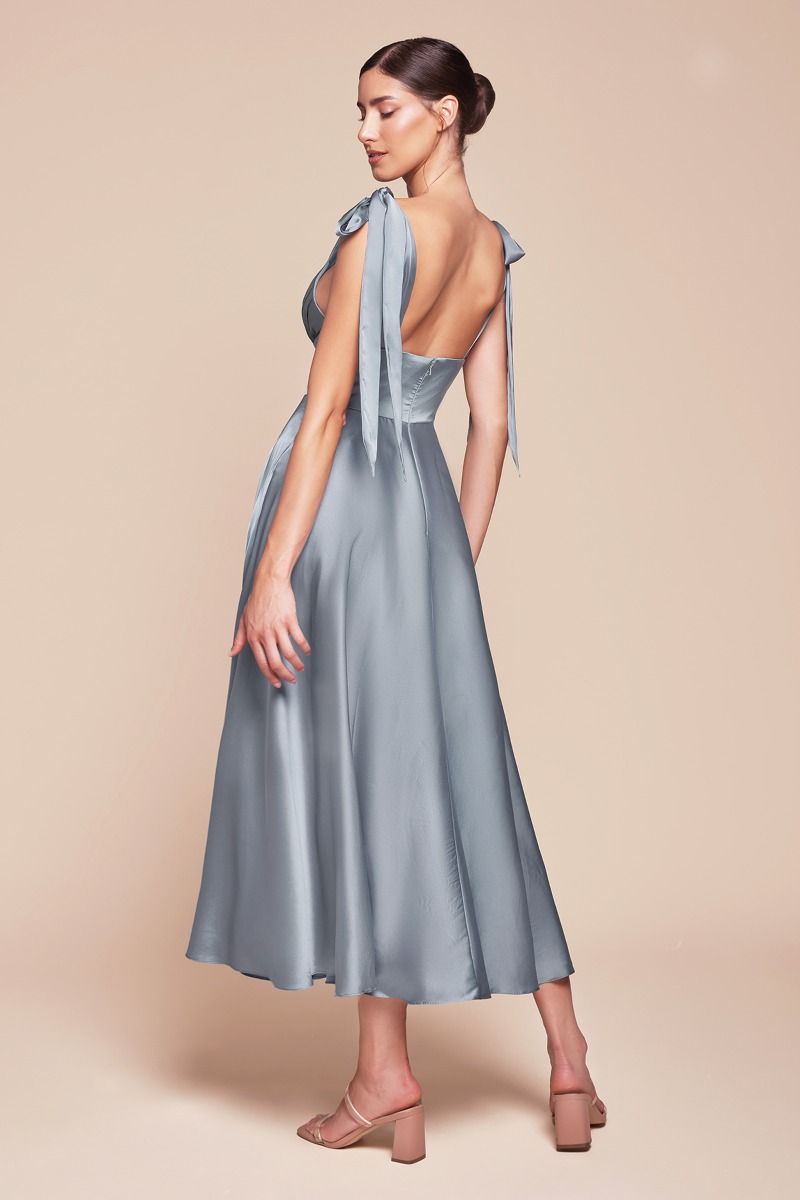 Cinderella Divine -7499 V-Neck Satin Tea Length A-Line Dress