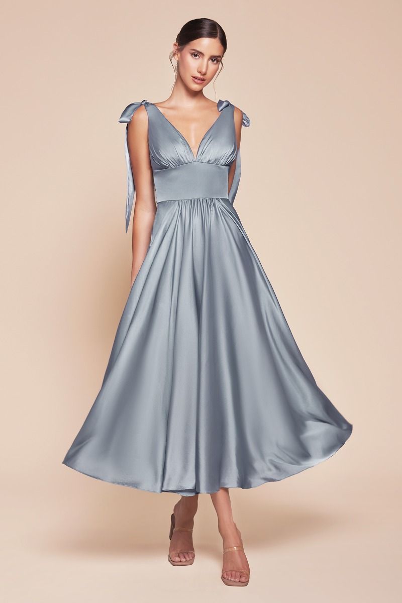 Cinderella Divine -7499 V-Neck Satin Tea Length A-Line Dress