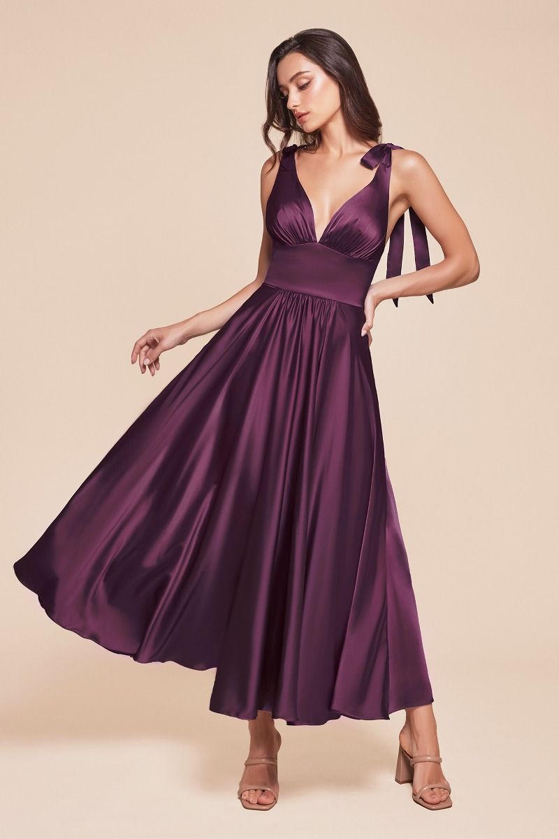 Cinderella Divine -7499 V-Neck Satin Tea Length A-Line Dress