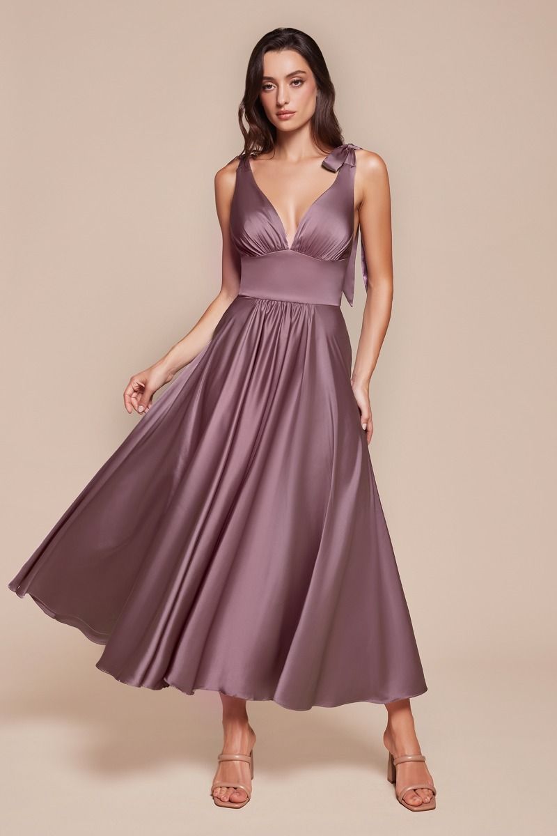 Cinderella Divine -7499 V-Neck Satin Tea Length A-Line Dress