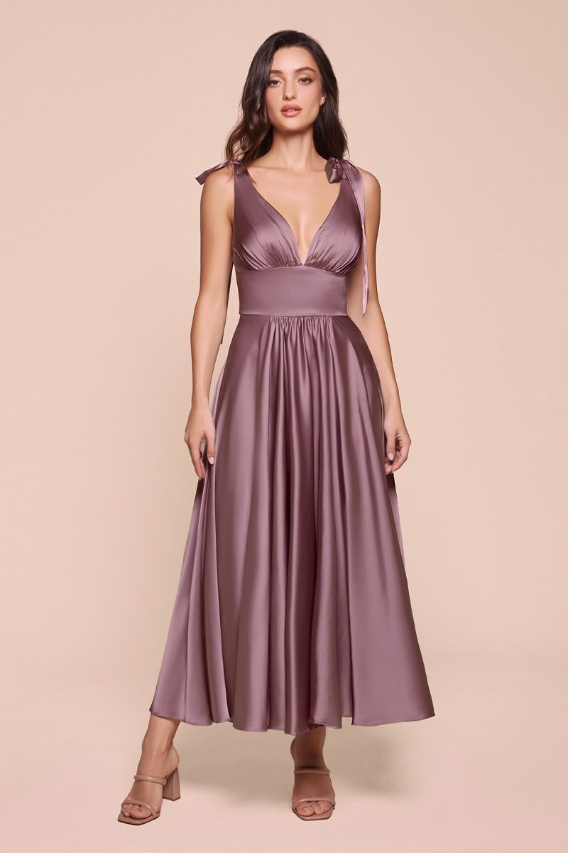 Cinderella Divine -7499 V-Neck Satin Tea Length A-Line Dress