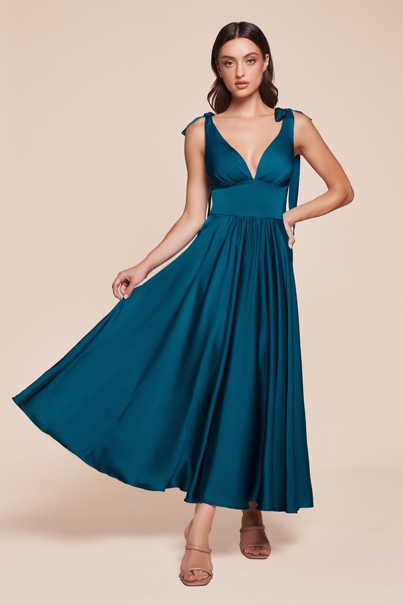 Cinderella Divine -7499 V-Neck Satin Tea Length A-Line Dress