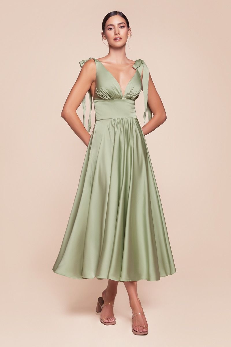 Cinderella Divine -7499 V-Neck Satin Tea Length A-Line Dress