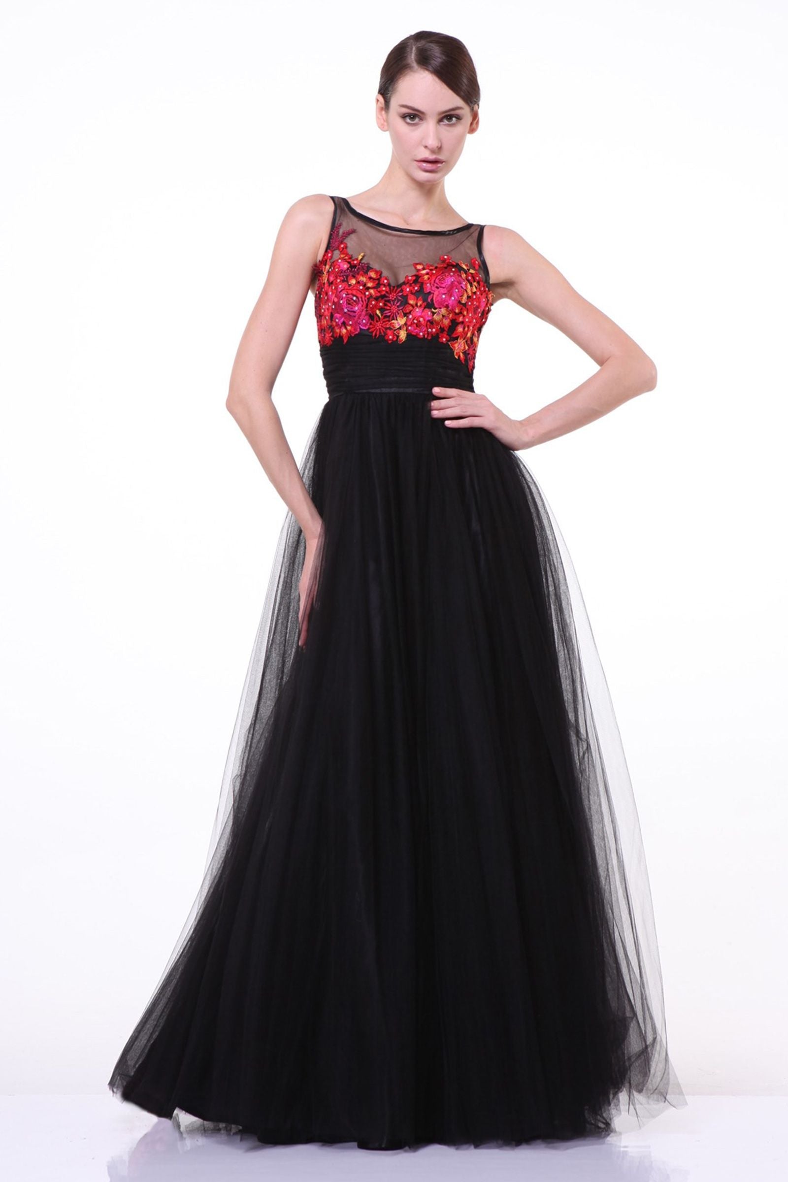 Cinderella Divine -7969 V Back Floral Applique A-line Dress