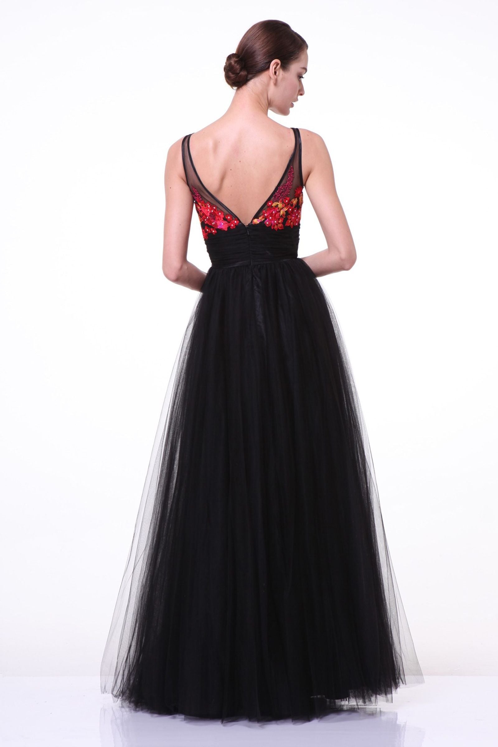 Cinderella Divine -7969 V Back Floral Applique A-line Dress