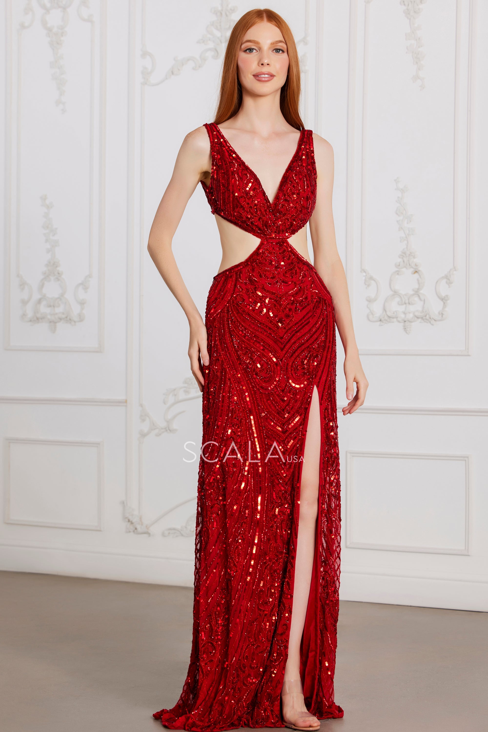 SCALA -80103 V-Neck Beaded Embellished Prom Dress