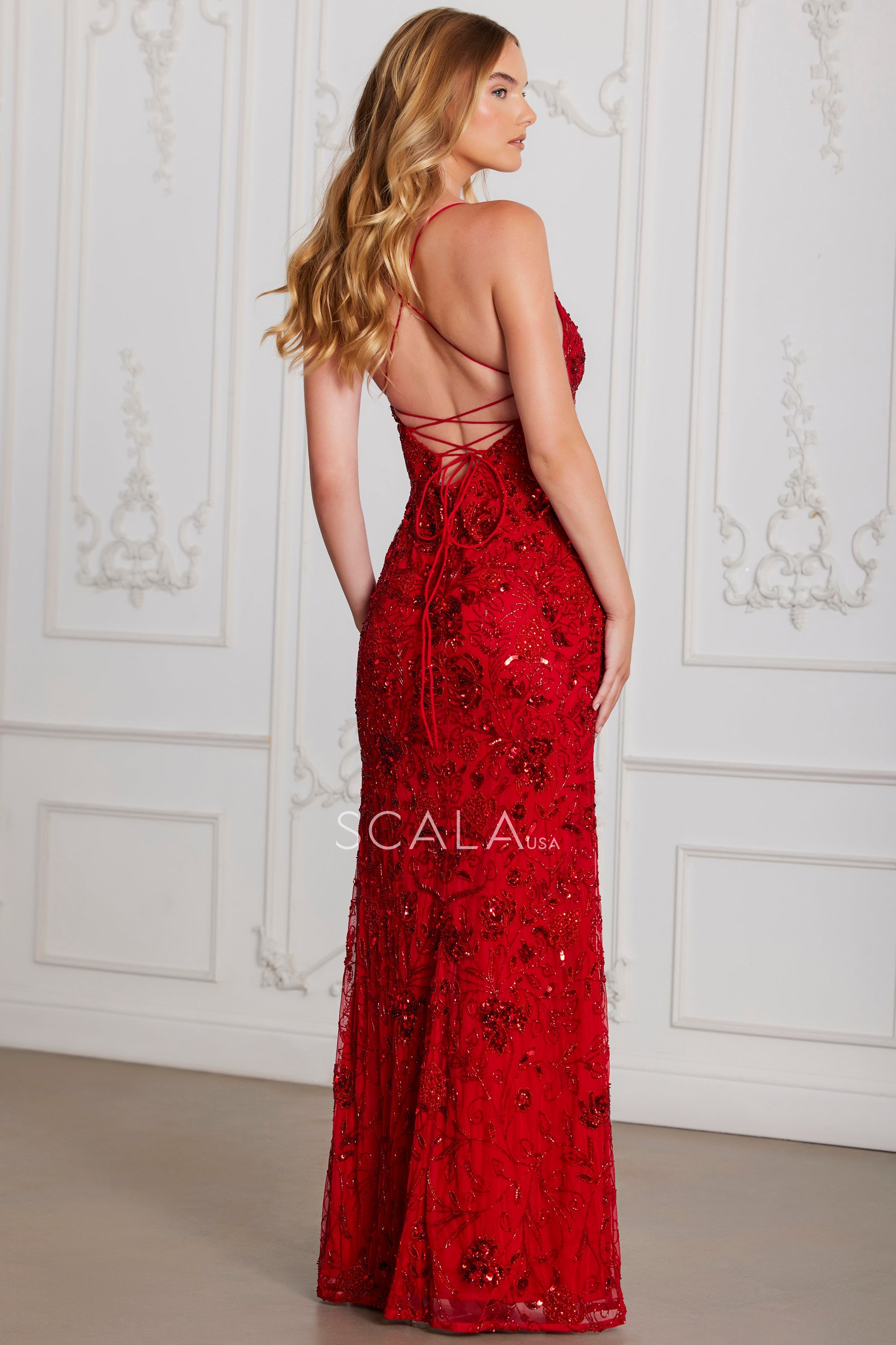 SCALA -80107 V-Neck Beaded Sequin Prom Sheath Dress