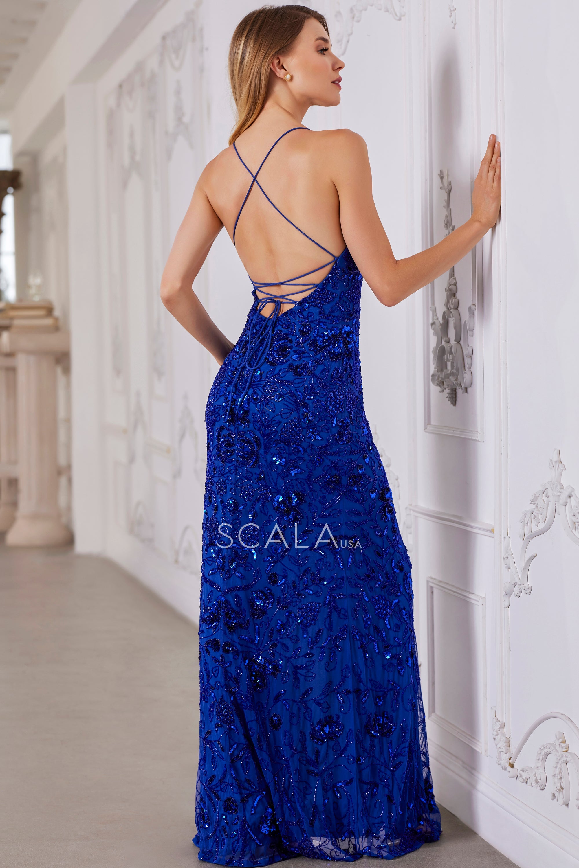SCALA -80107 V-Neck Beaded Sequin Prom Sheath Dress