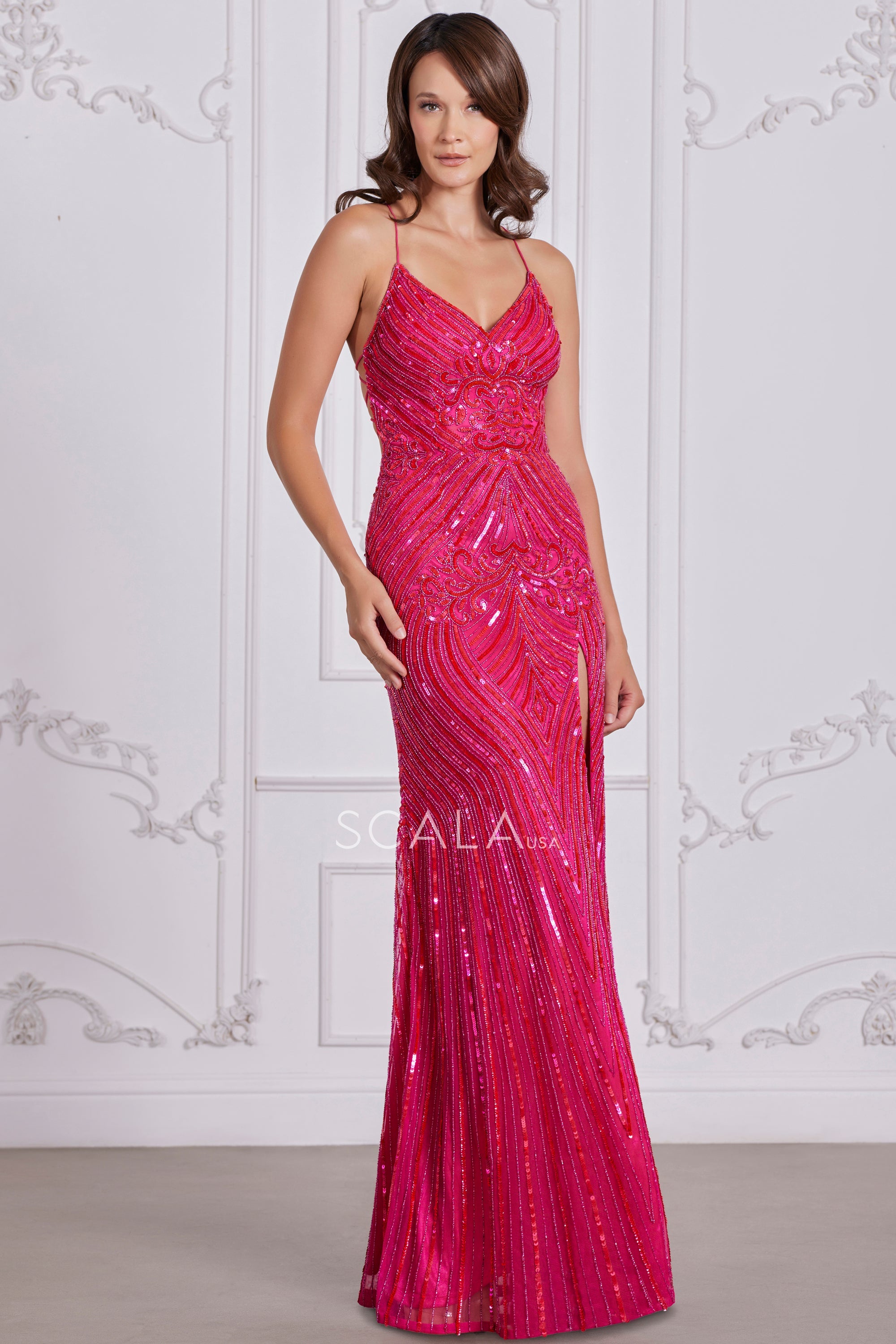 SCALA -80108 Beaded V-Neck Sequin Prom Dress