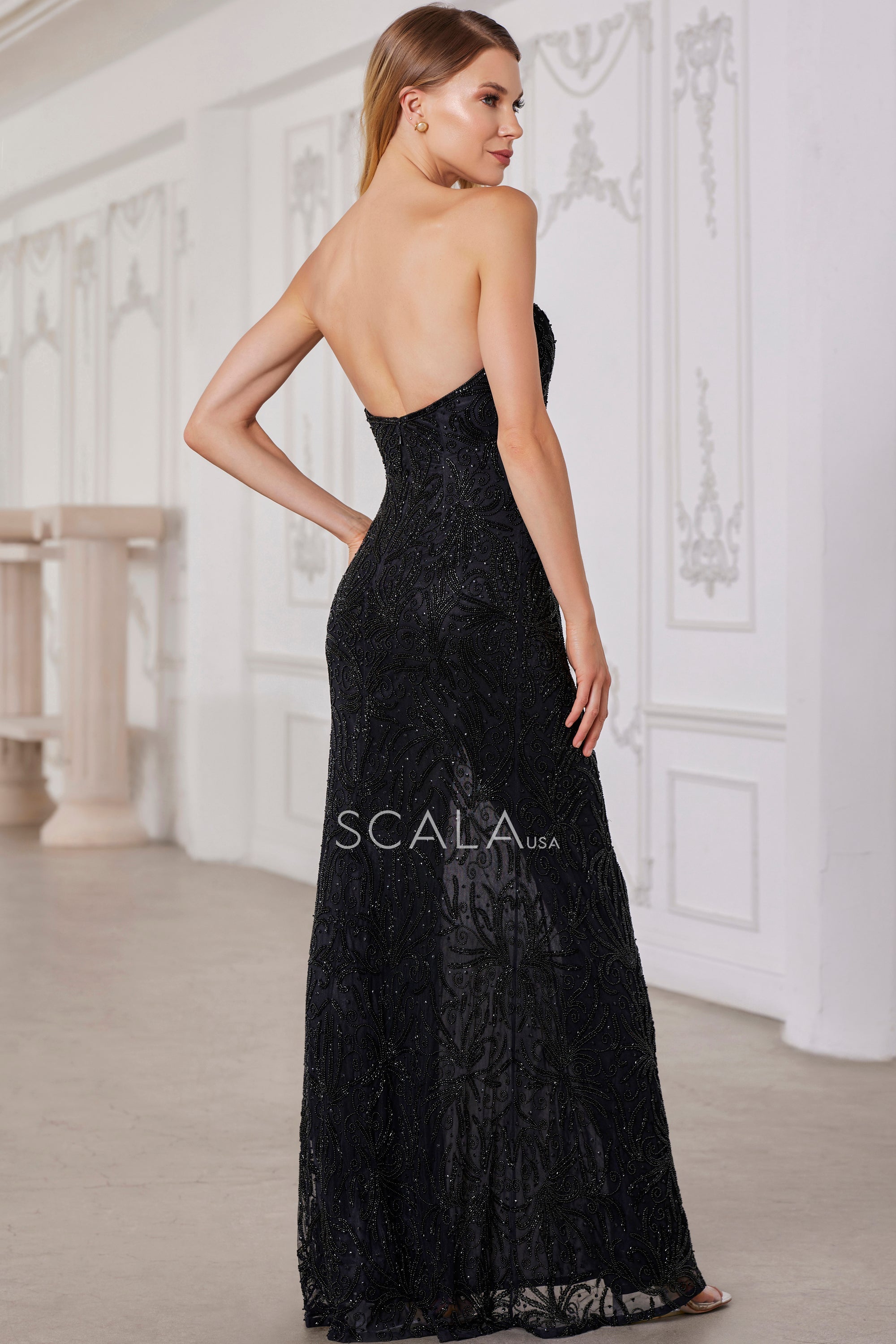 SCALA -80109 Strapless Beaded Sequin Sheath Dress