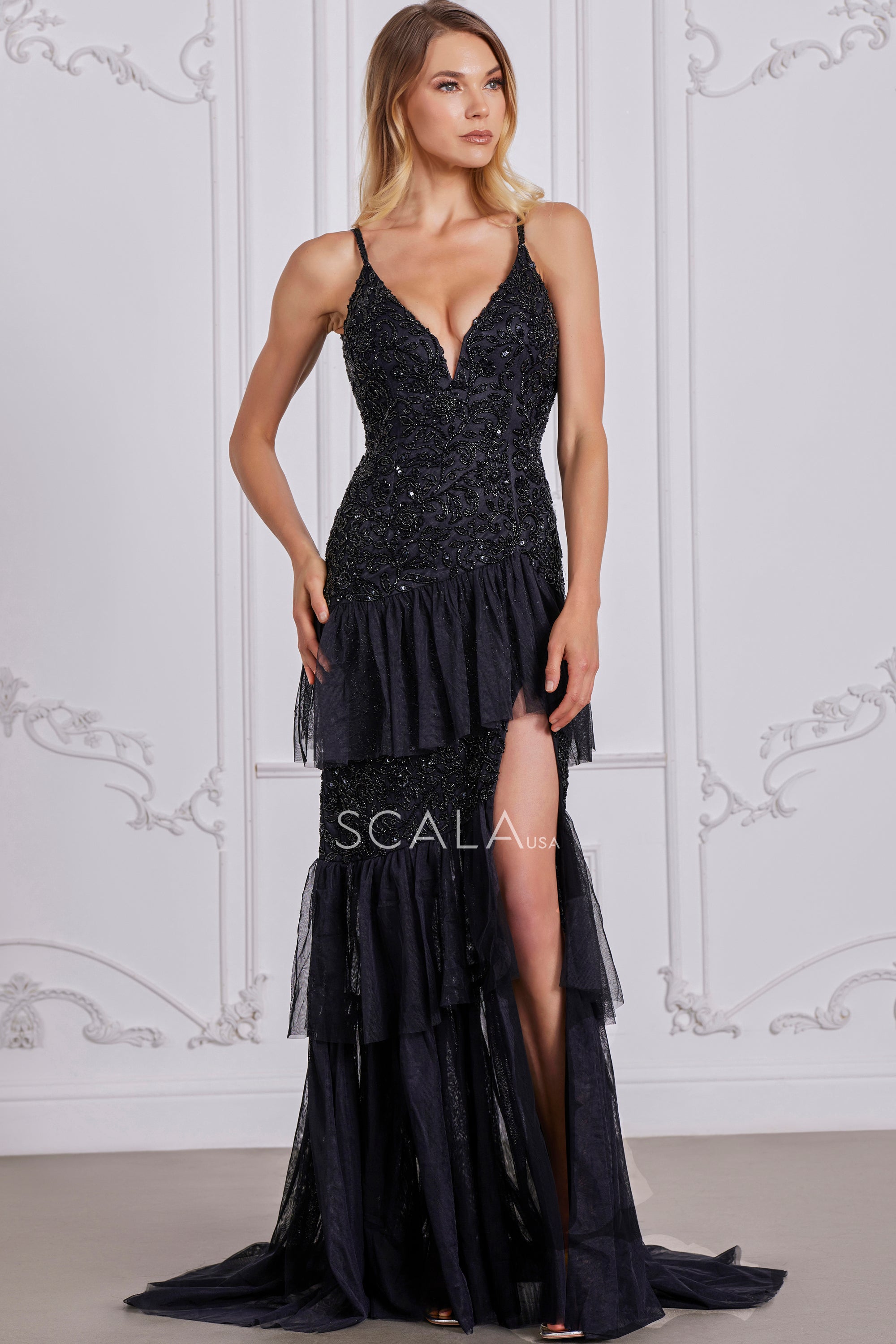 SCALA -80118 V-Neck Sequin Ruffled Prom Dress