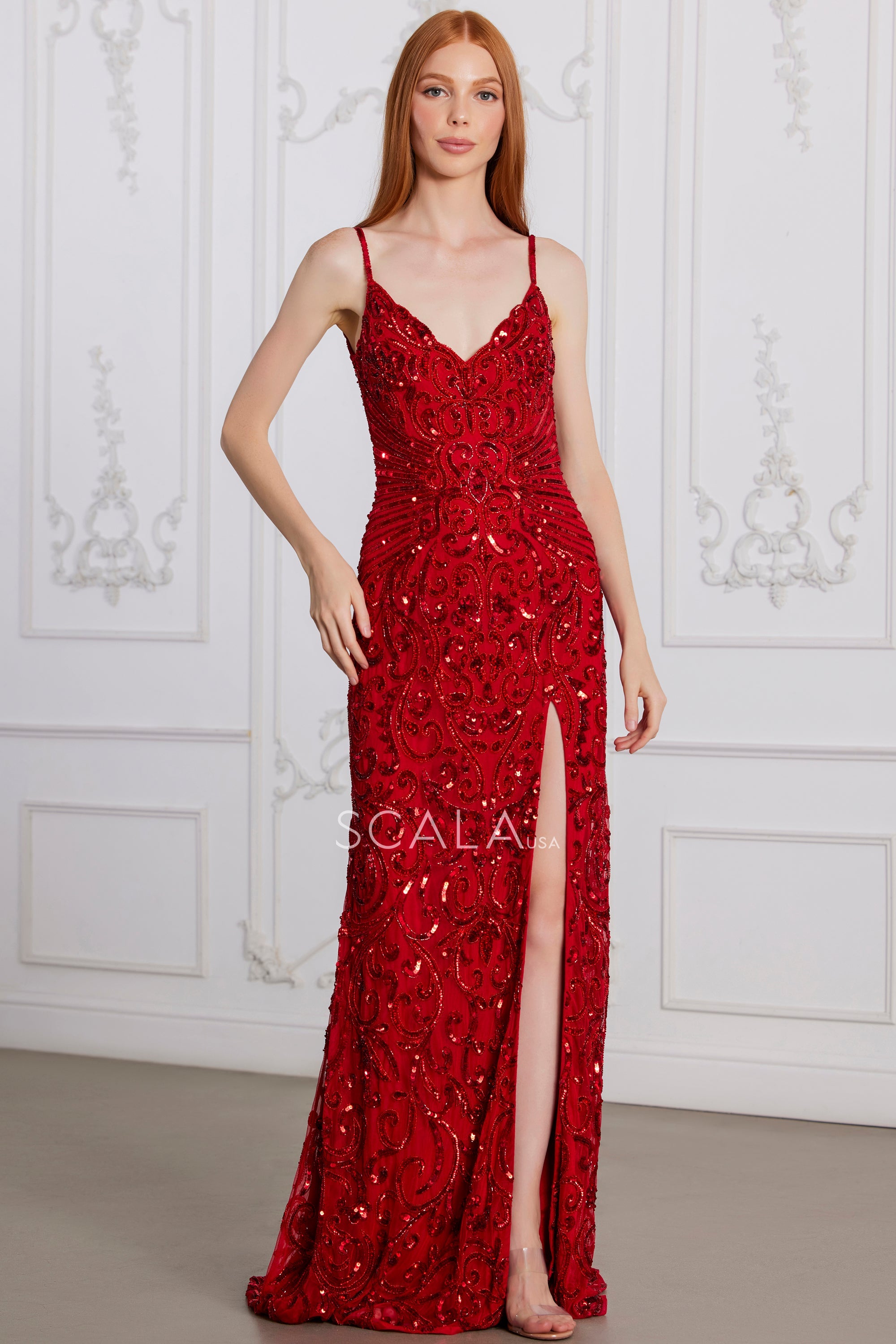 SCALA -80129 V-Neck Embellished Sequin Sheath Dress