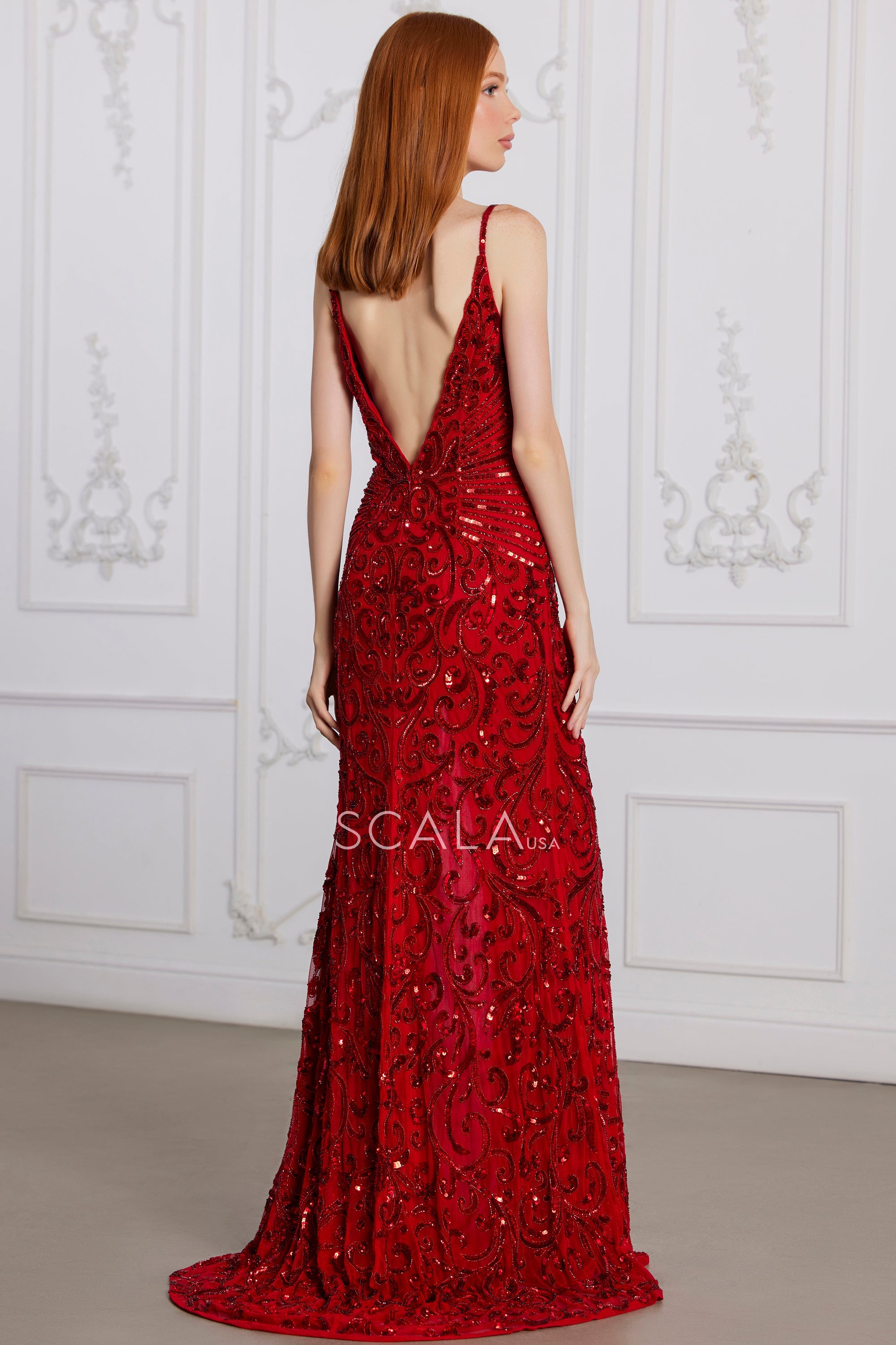 SCALA -80129 V-Neck Embellished Sequin Sheath Dress