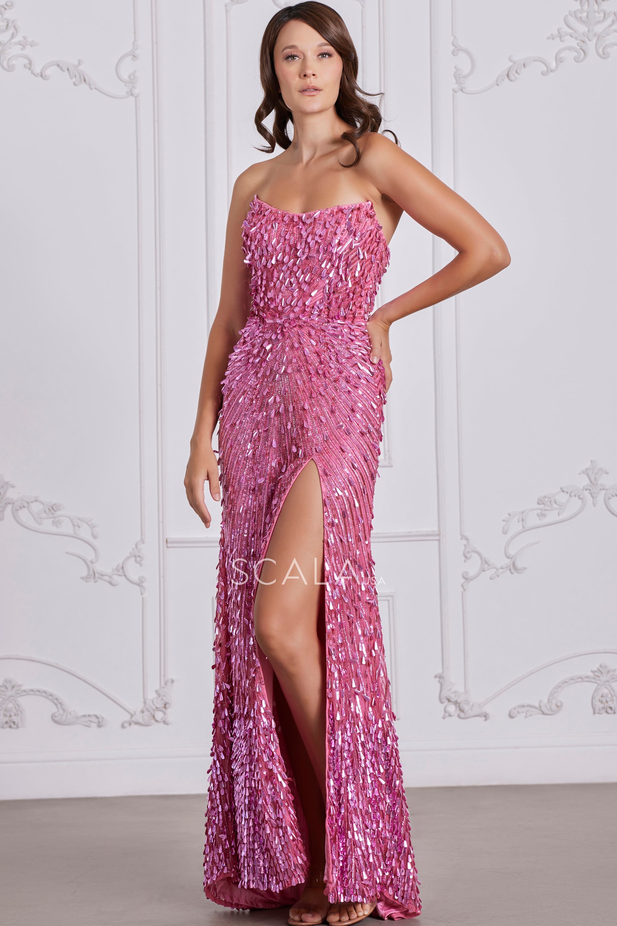 SCALA -80131 Strapless Sequin Beaded Sheath Dress