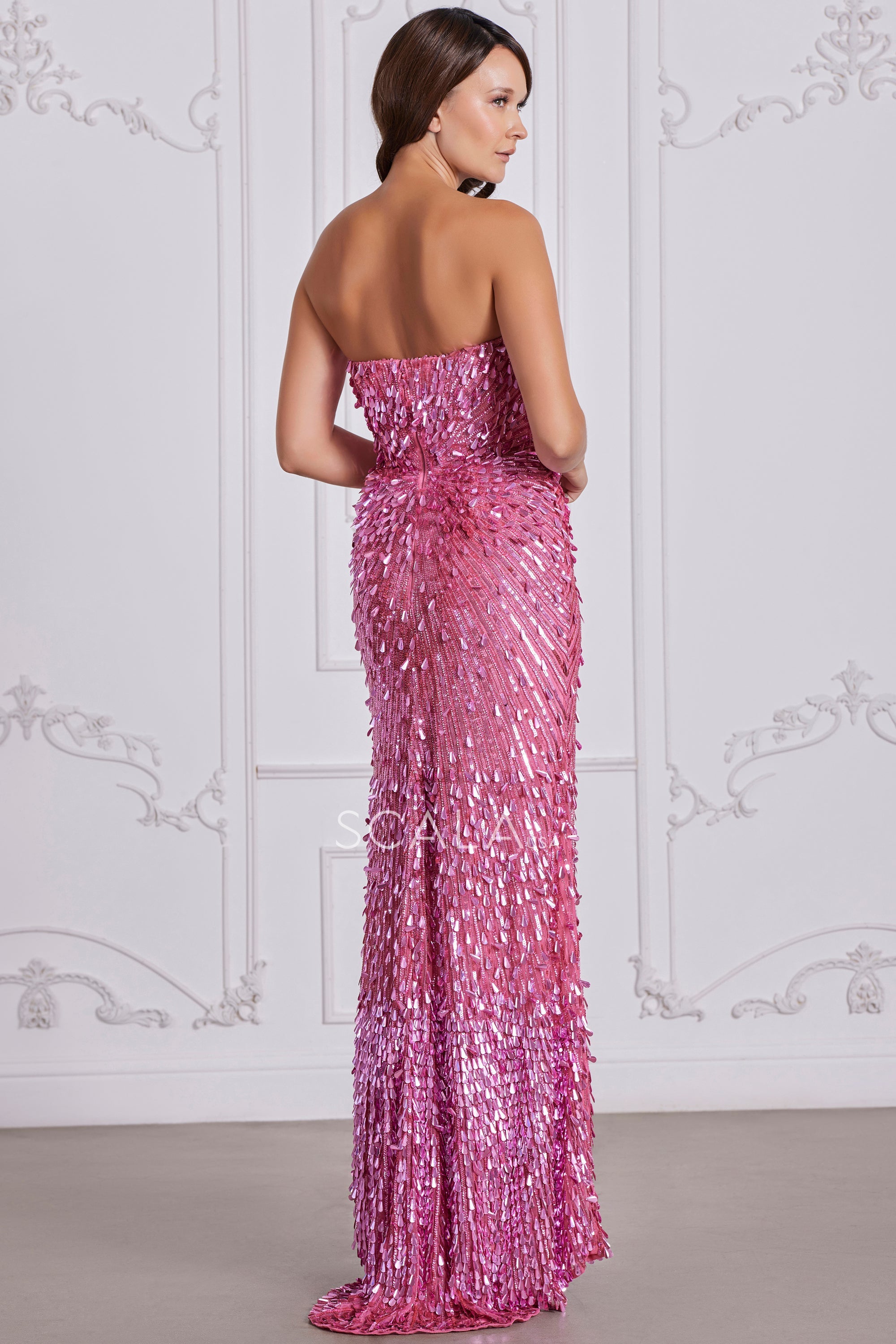 SCALA -80131 Strapless Sequin Beaded Sheath Dress