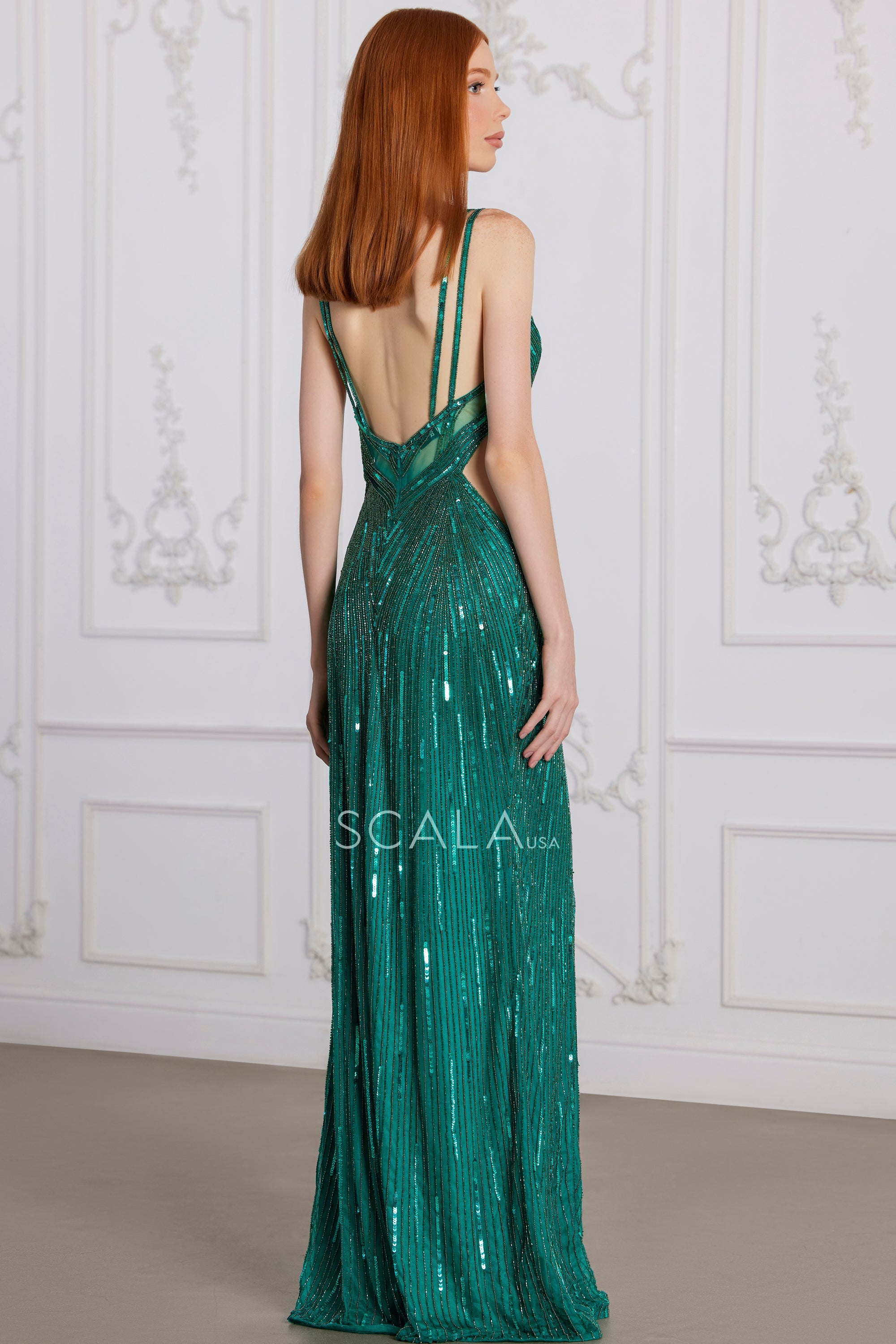 SCALA -80139 V-Neck Side Cut Out Sequin Sheath Dress