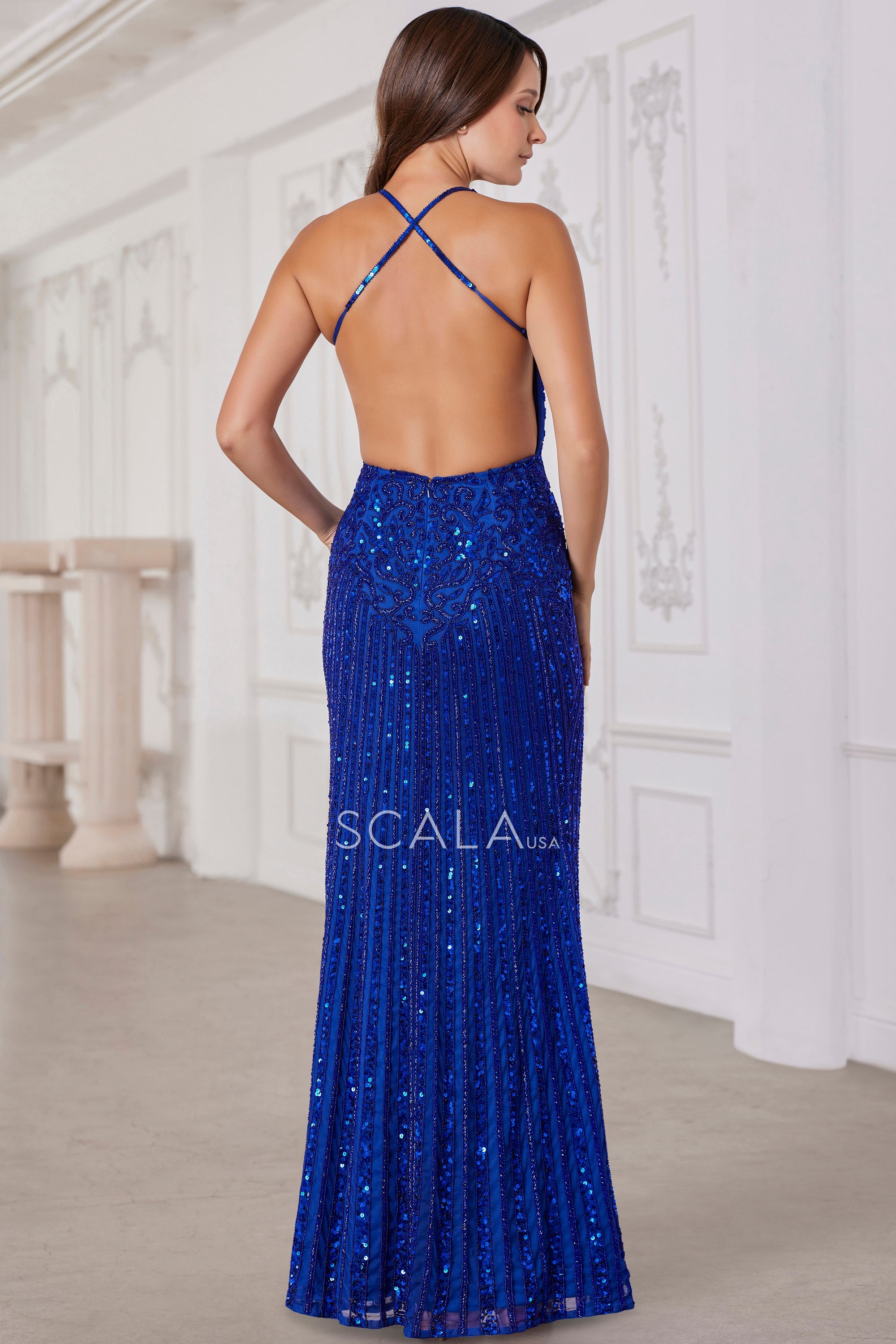 SCALA -80142 V-Neck Sequin Prom Sheath Dress