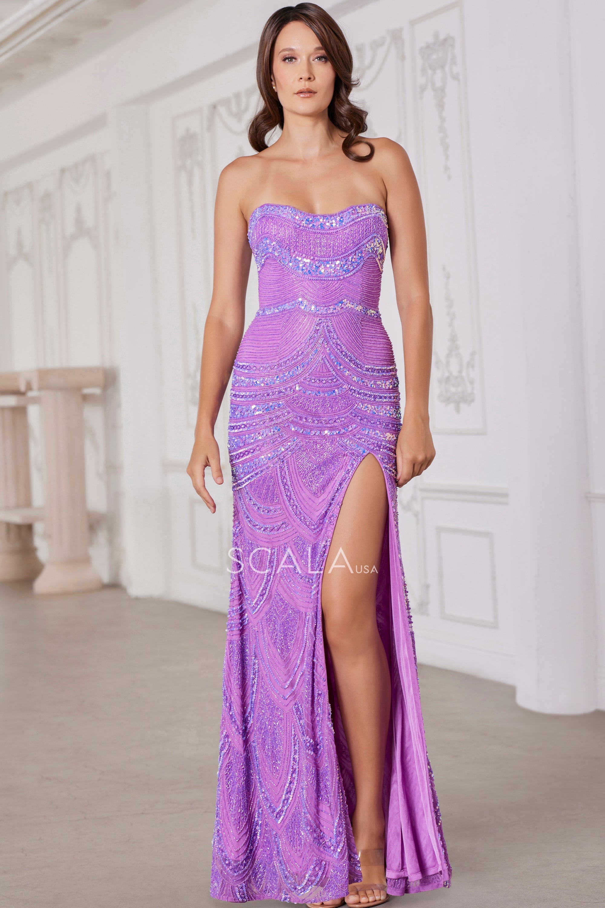 SCALA -80145 Strapless Beaded Embellished Sheath Dress