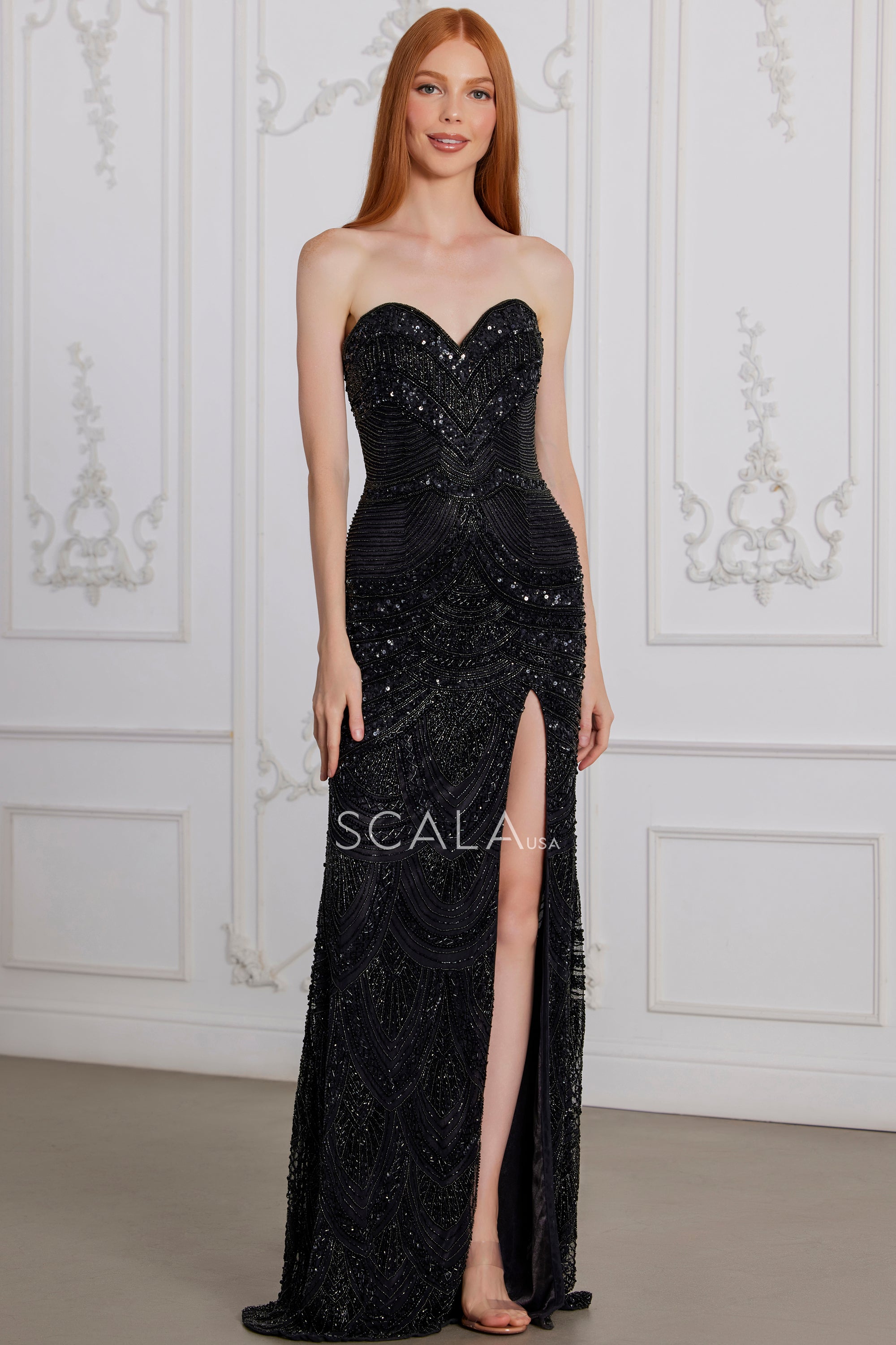 SCALA -80149 Strapless Sequin Beaded Prom Dress