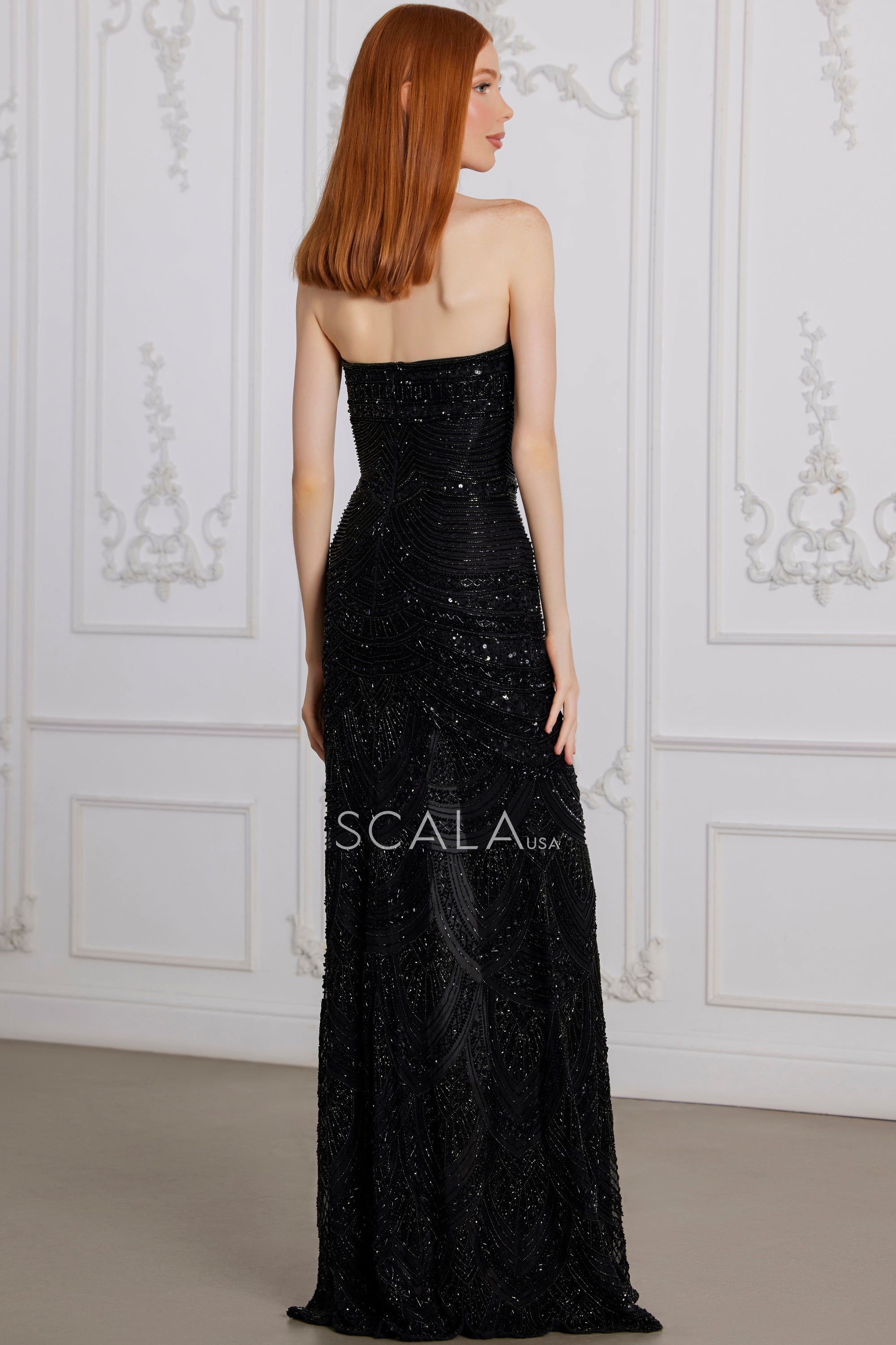 SCALA -80149 Strapless Sequin Beaded Prom Dress