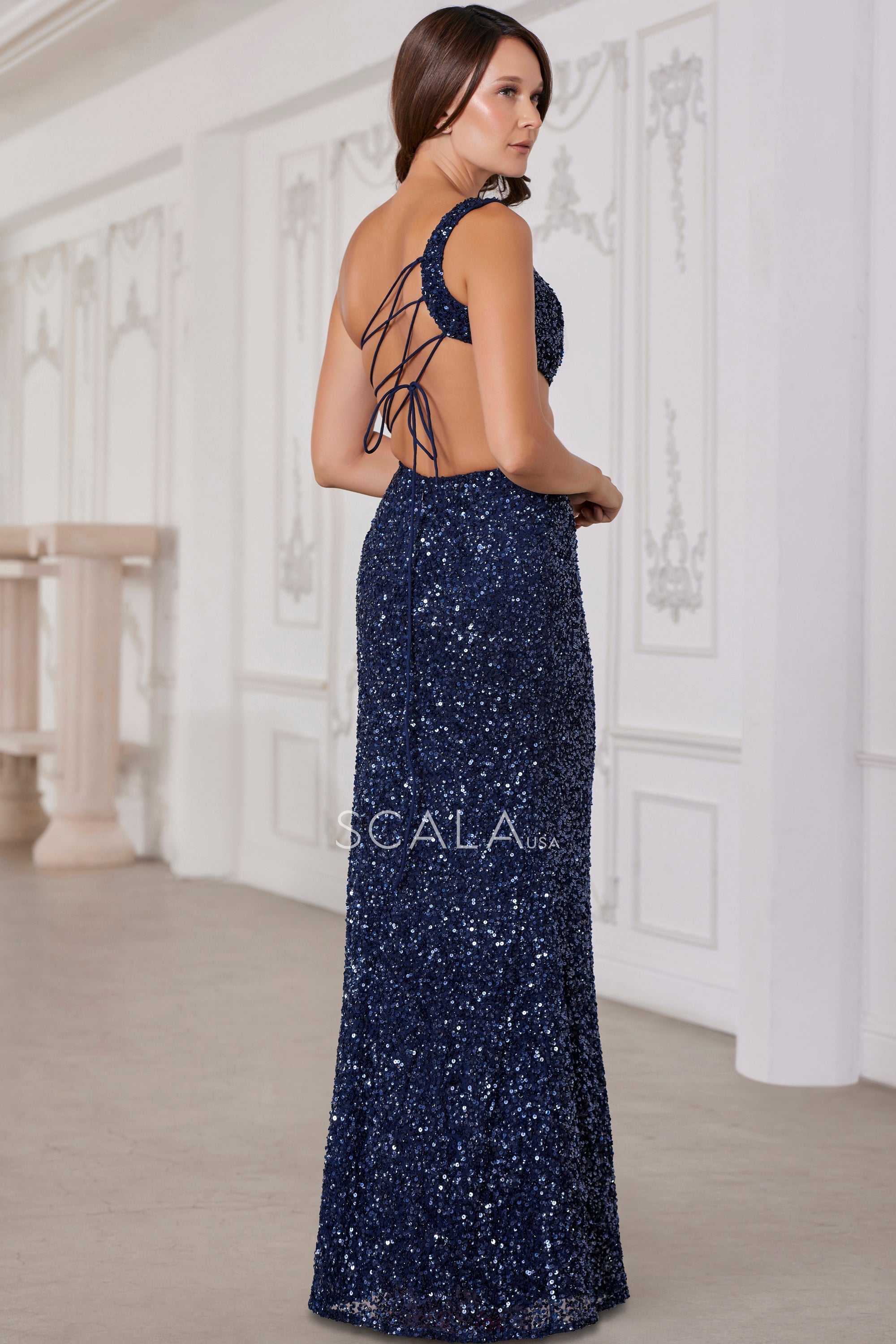 SCALA -80156 One Shoulder Sequin Prom Sheath Dress