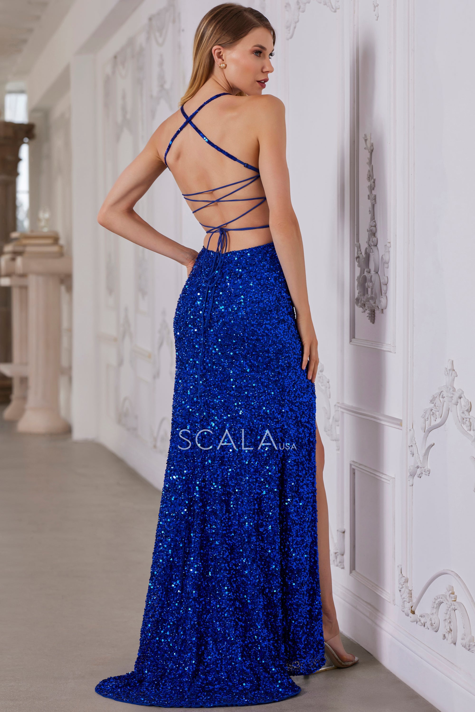 SCALA -80159 V-Neck Corset Sequin Prom Dress