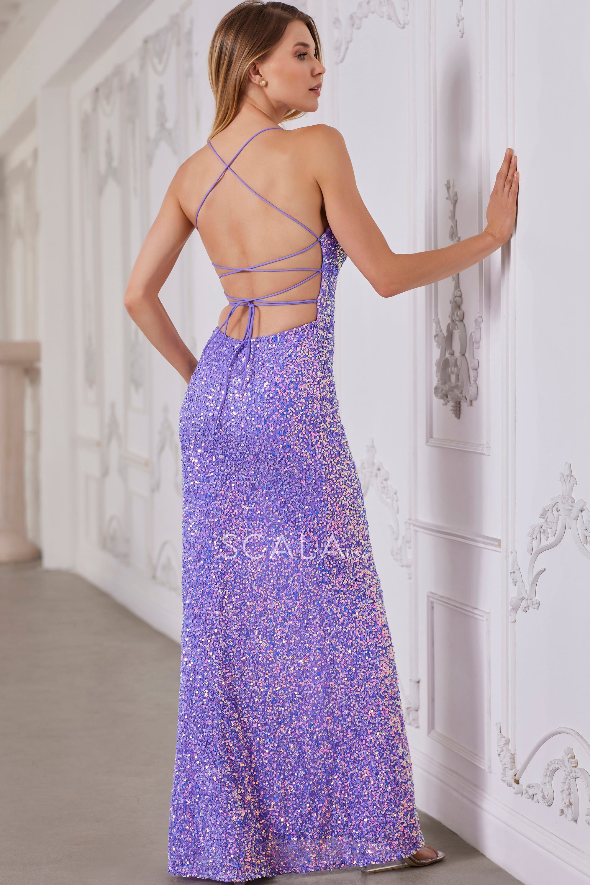 SCALA -80170 V-Neck Sequin Prom Sheath Dress