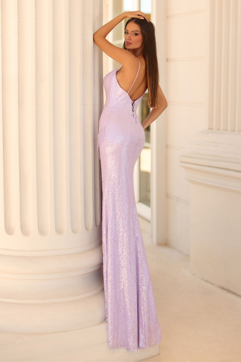 Clarisse -810569 V-Neck Sequined Slit Gown
