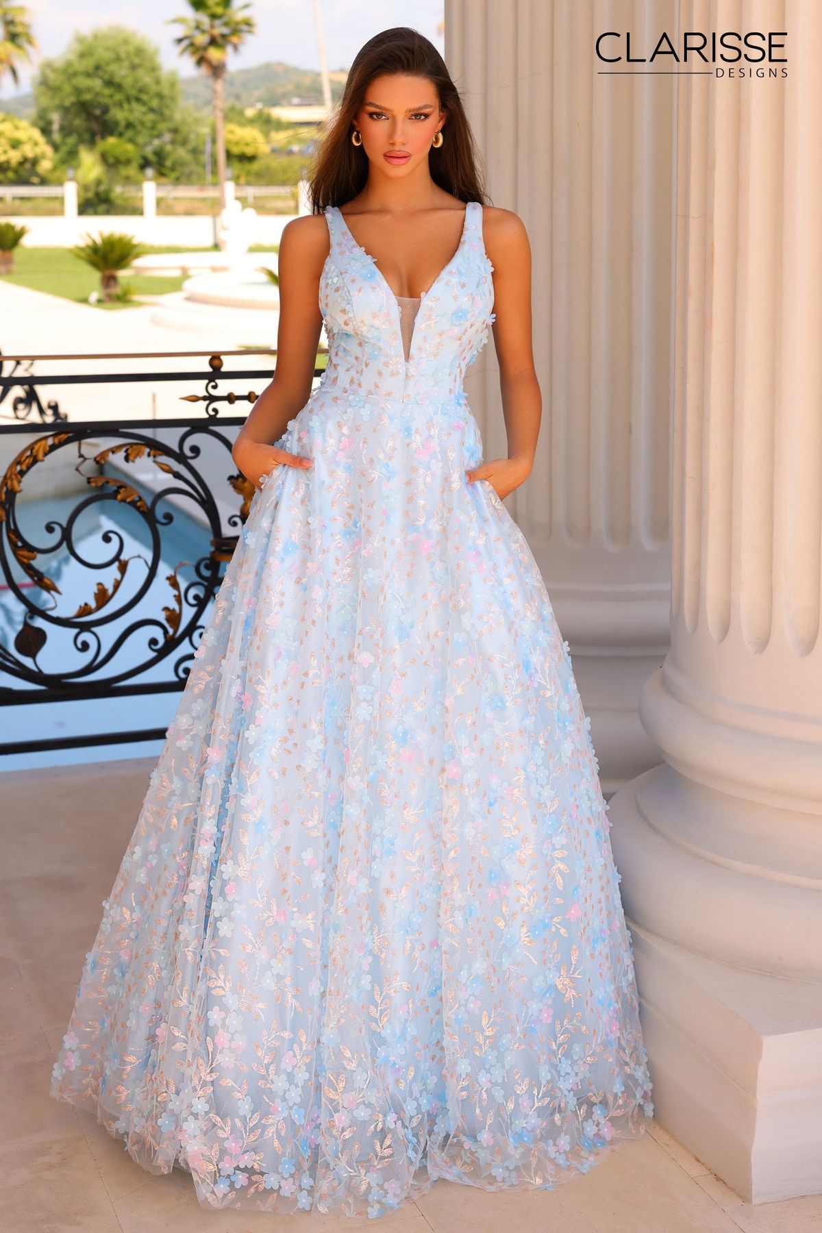 Clarisse -810723 Floral Appliqued V-Neck Prom Gown
