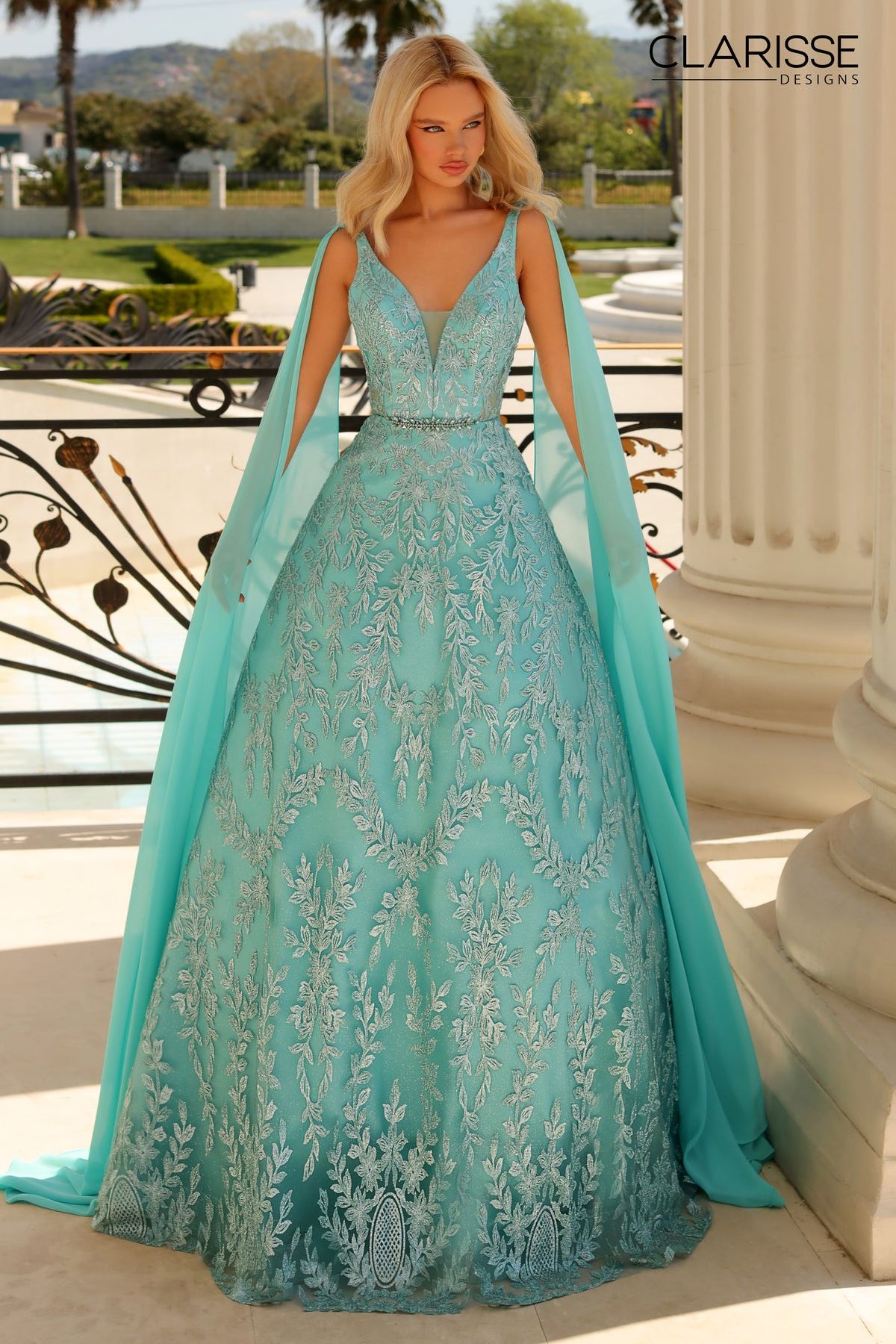 Clarisse -811040 Embroidered Sleeveless Detachable Cape Ballgown